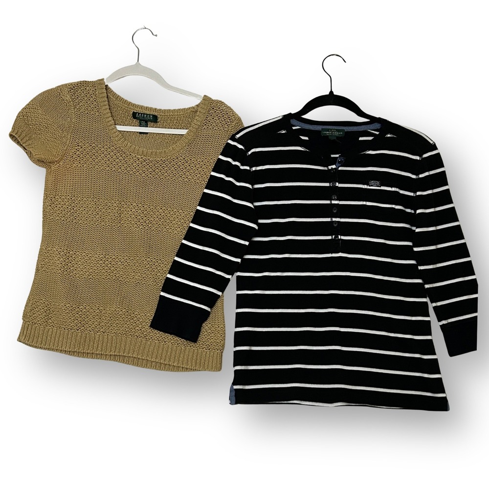 Lauren Ralph Lauren Top Lot Striped Henley & Tan Linen Blend Knit Sweater M PM